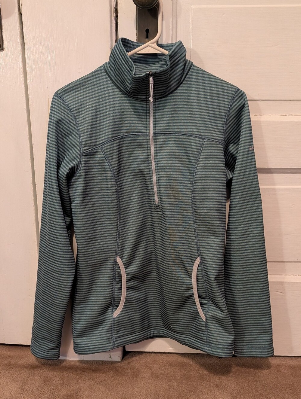 Columbia Striped Half Zip Pullover Teal Front Kangaroo Pocket Small